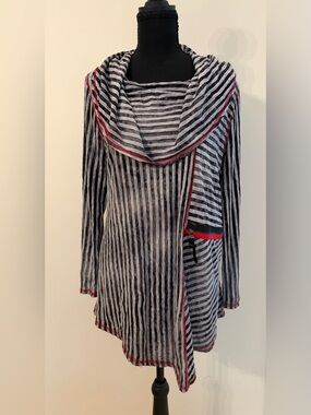 Yushi  Artsy Boho Striped Asymmetrical Art to Wear Cowl Neck Tunic  M